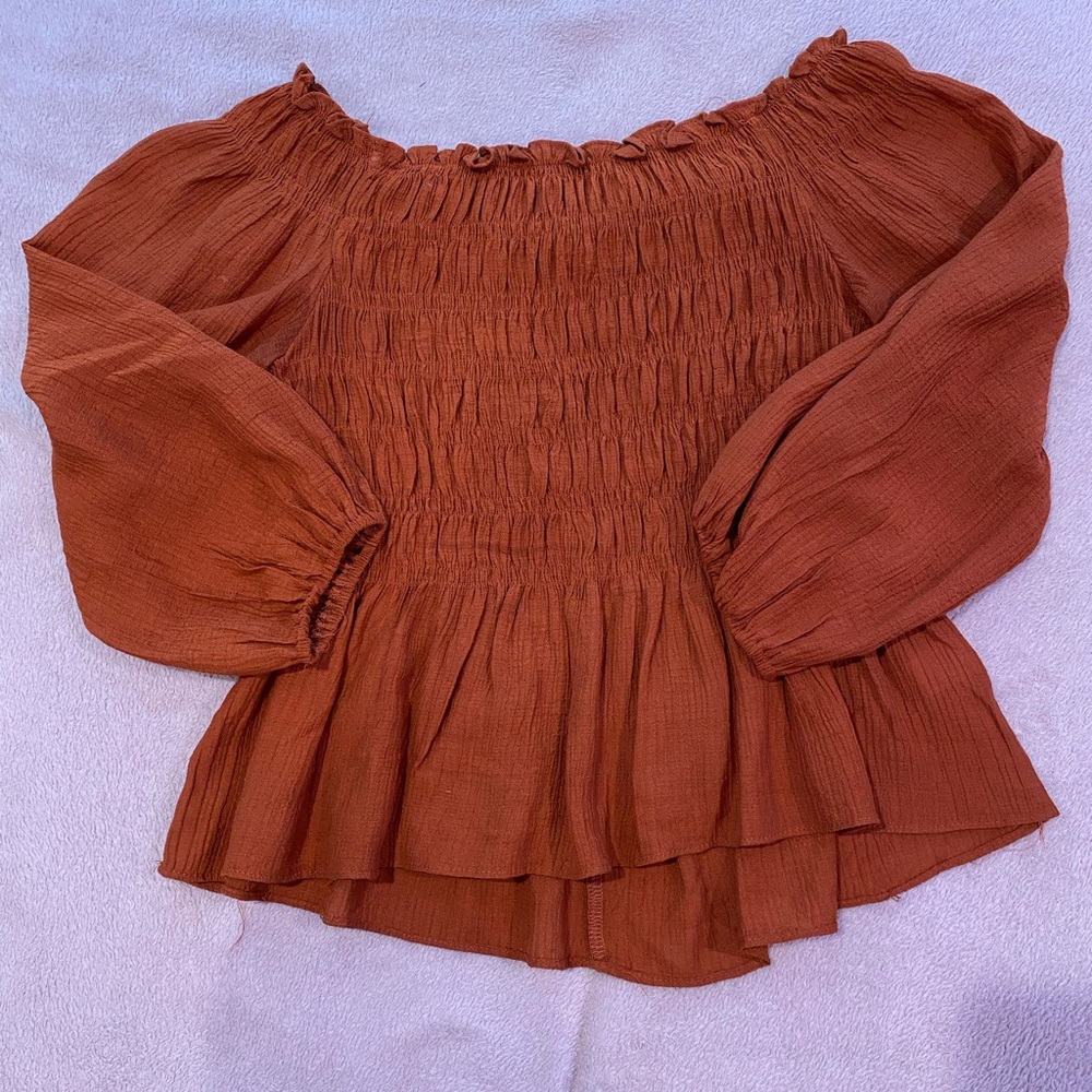 Brown/orange dressy top. Long sleeved. Size small. Cute for fall.